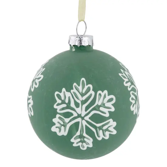 Northlight Glass Christmas Ball Ornaments with Snowflakes - 3" (80mm) - Green and White - 4ct {6}