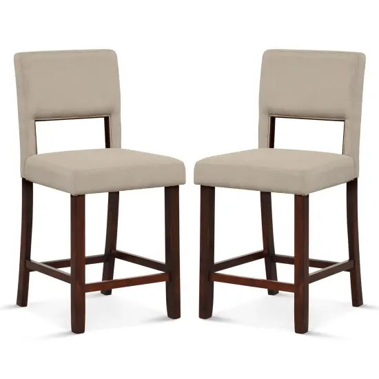 Costway Set of 2 Upholstered Linen Bar Stools 24.5'' Wooden Dining Chairs with Back Beige/Brown {7}