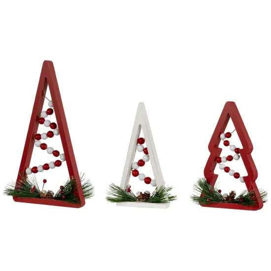 Northlight Wooden Trees with Beads Christmas Decorations - 11.75" - Red and White - Set of 3 {7}