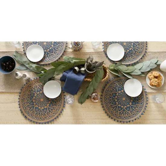 DII French Blue Block Print On Natural Round Jute Placemat (Set of 6) {6}
