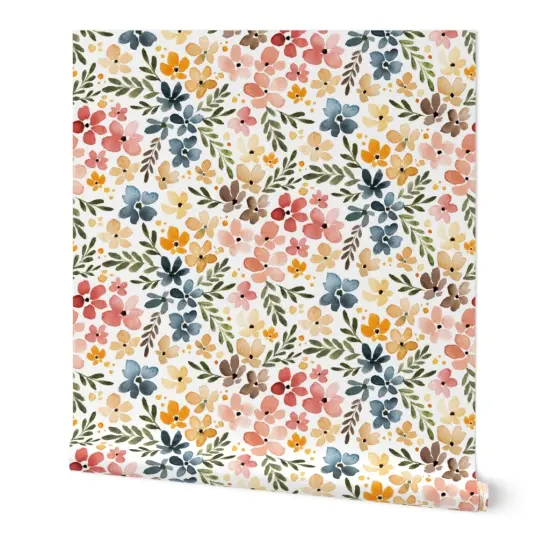Peel & Stick Wallpaper 2FT Wide Floral Multicolor Spring Summer Watercolor Botanical Painted Blooming Flowers Large Scale Custom Removable Wallpaper by Spoonflower {7}