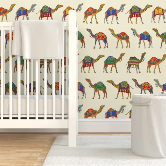Pre-Pasted Wallpaper 2FT Wide Exotic Desert Animal Camel Pom Poms Tassels Whimsical Maximalist Colorful Custom Pre-pasted Wallpaper by Spoonflower {7}
