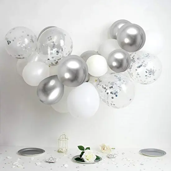 50 Pack 12 Inch White and Silver Confetti Latex Balloons - Silver Metallic Chrome Party Balloons with Silver Ribbon for Wedding, Birthday, and Baby Shower Decorations {1}