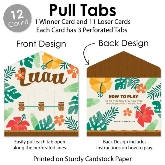Big Dot of Happiness Tropical Luau - Hawaiian Beach Party Game Pickle Cards - Pull Tabs 3-in-a-Row - Set of 12 {6}