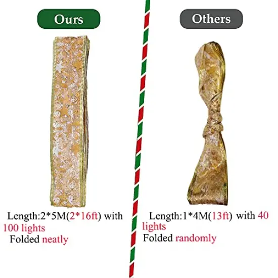 32ft (2x16ft) 100 LEDChristmas Tree Decorations Gold String Lights, Copper Wire Ribbon Bows Lights for Holiday Christmas Party Indoor Decorations (Gold Warm Light Battery Powered) {3}