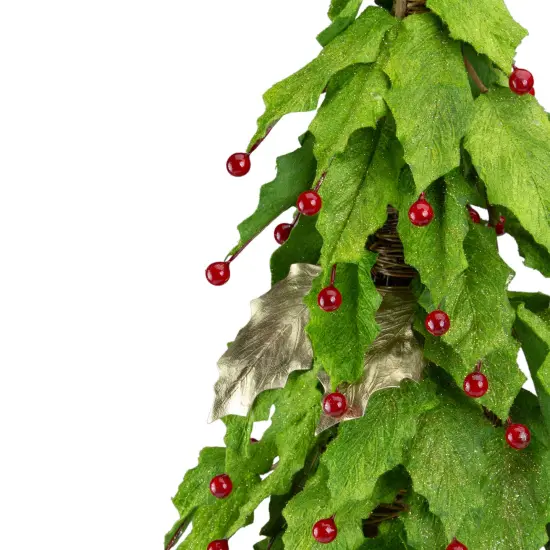 Roman Holly Leaves and Berries Artificial Christmas Cone Tree - Unlit - 18" Red {4}