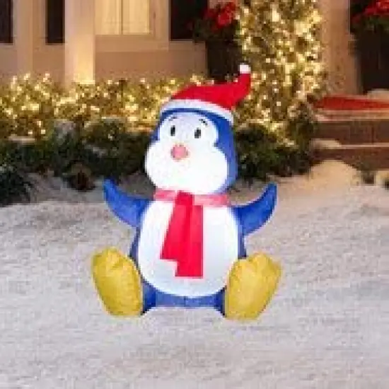 3.5' Gemmy Airblown Inflatable Blue Baby Penguin Wearing Santa Hat 86196 {1}