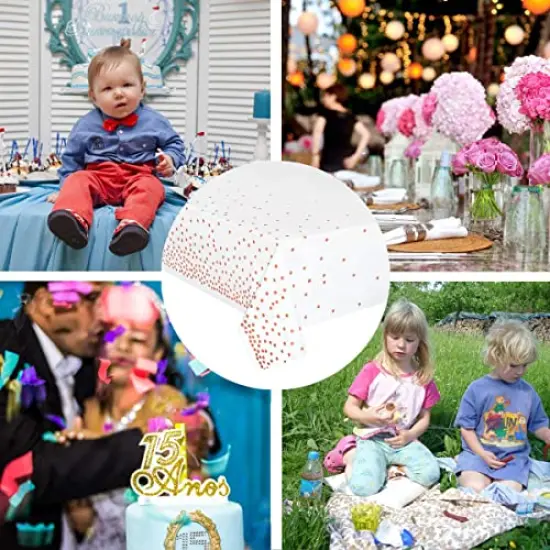 4 Pack Plastic Tablecloths for Rectangle Tables, Waterproof Disposable Party Table Cloths with Rose Gold Dot, Table Covers for Decorations, Baby Shower, Birthday, Mothers Day, 54&rdquo; x 108&rdquo; {5}