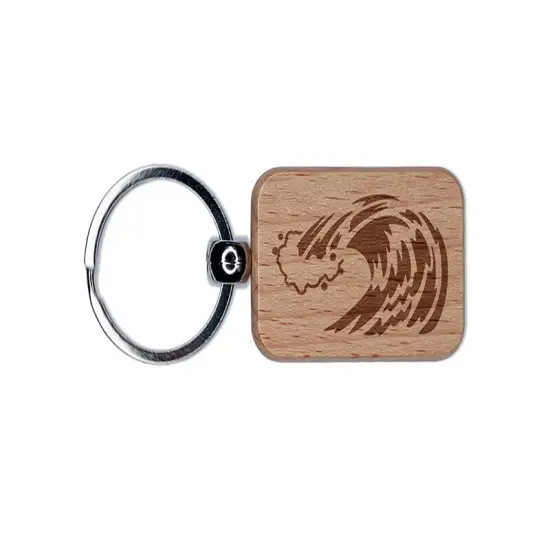 Ocean Wave Crashing Engraved Wood Rectangle Keychain Tag Charm {1}