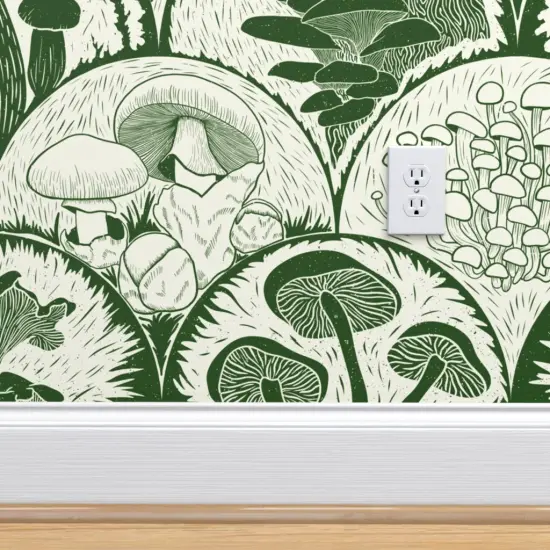 Peel & Stick Wallpaper 2FT Wide Green Mushrooms Scallop Woodland Block Print Forest Botanical Cottagecore Garden Custom Removable Wallpaper by Spoonflower {4}