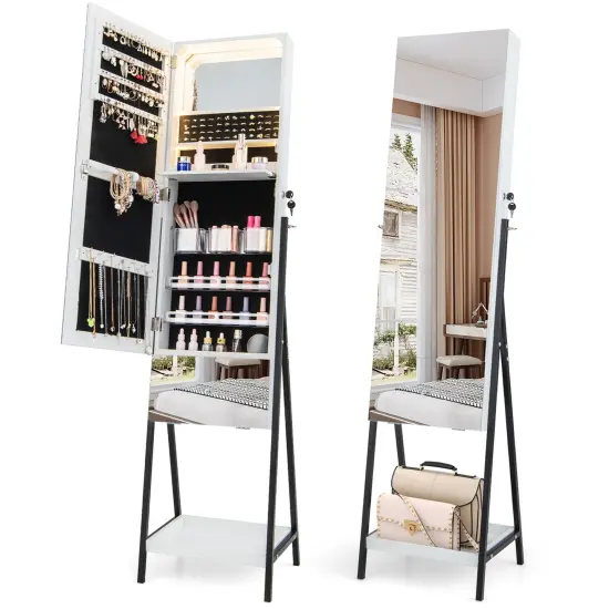 Costway Jewelry Cabinet Armoire Full-Length&nbsp;Mirror with 3-Color LED Lights tip-out Drawer Brown/White {8}