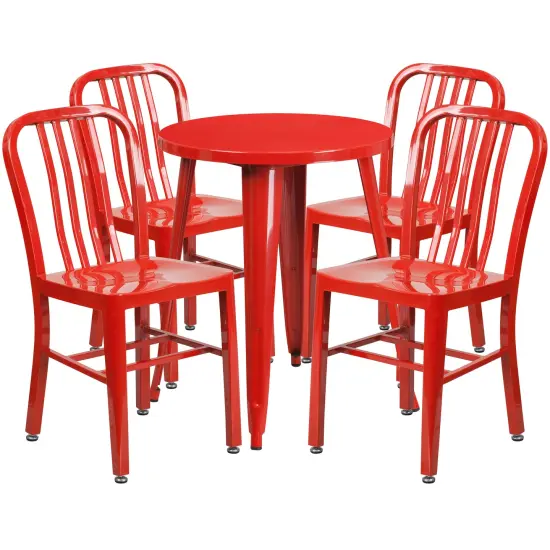 Emma and Oliver Commercial Grade 24" Round Metal Indoor-Outdoor Table Set & 4 Slat Back Chairs Red {1}
