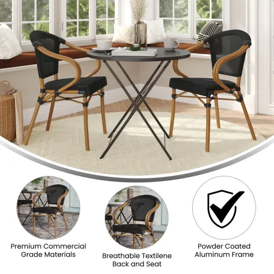 Merrick Lane Mael Set of Two Stacking Thonet Bistro Style Chair with Arms, Textilene Seat, and Bamboo Finished Metal Frame for Indoor/Outdoor Use Black/Natural Frame {4}