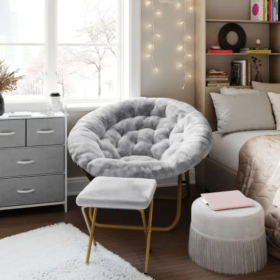 Emma and Oliver Ersa Oversize Folding Saucer Moon Chair and Ottoman for Dorm and Bedroom with Steel Frames GrayFabric/SoftGold {1}