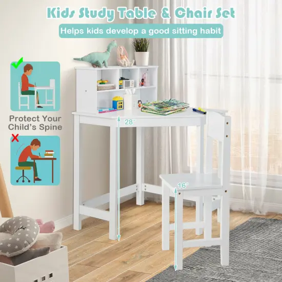 Kids Wooden Corner Desk and Chair Set with Hutch and Storage-White {6}