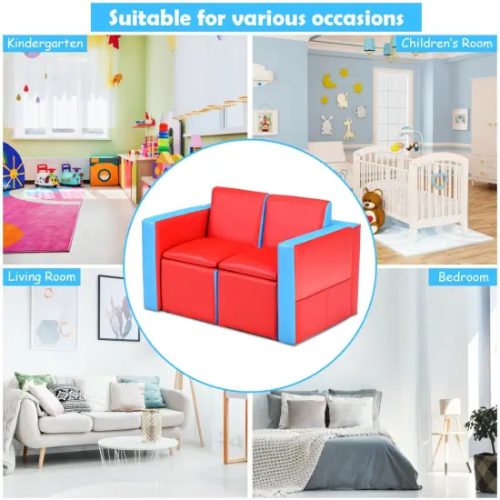 2 in 1 Multi-Functional Kids Sofa Table Chair Set with PVC Surface and Storage Box Under The Seat Red {5}