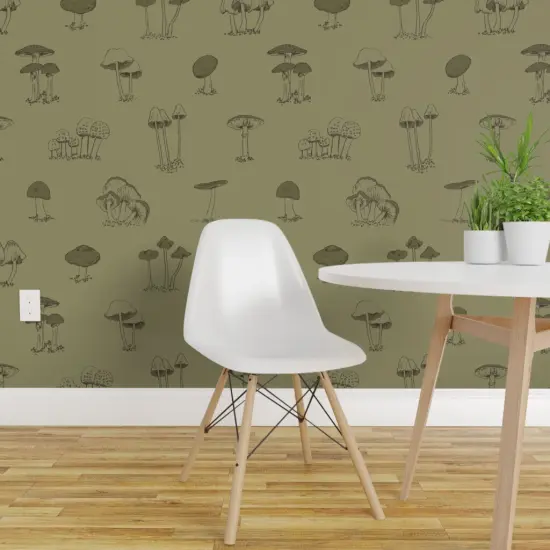 Pre-Pasted Wallpaper 2FT Wide Cute Green Mushrooms Forest Olive Woodland Boys Botanical Cottagecore Nature Custom Pre-pasted Wallpaper by Spoonflower {1}