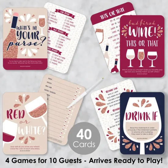 Big Dot of Happiness But First, Wine - 4 Wine Tasting Party Games - 10 Cards Each - Gamerific Bundle {3}