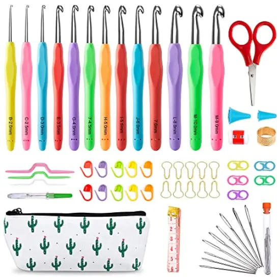 73 Pack Crochet Hooks Set, 13 PCS 2mm(B)-10mm(N) Ergonomic Soft Grip Crochet Handles Yarn Knitting Needles Kit with Case for Arthritic Hand, Inscraft Crochet Starter Kit for Beginners and Lovers {1}