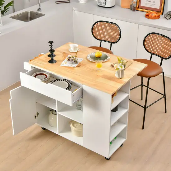 Drop-Leaf Kitchen Island with Rubber Wood Top White {2}