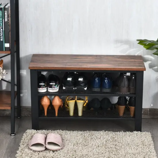 3-Tier Shoe Rack Industrial Shoe Bench with Storage Shelves Brown {3}