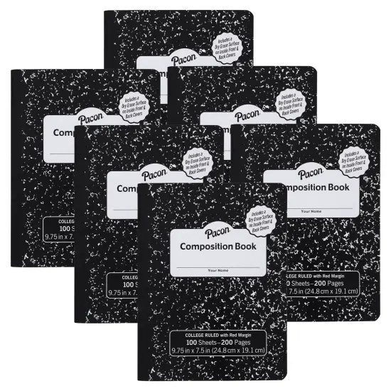 Composition Books with Dry Erase Surfaces, Black Marble, 3/8" Ruled w/Margin , 100 Sheets/200 Pages, Pack of 6 {1}