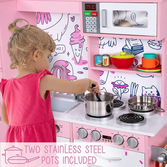 Lil' Jumbl Kids Kitchen Set, Toddler Pretend Wooden Kitchen Playset - Pink Emoji {6}