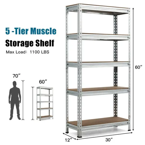 5-Tier Metal Storage Shelf with Adjustable MDF Boards Ideal for Garage or Utility Room Silver {4}