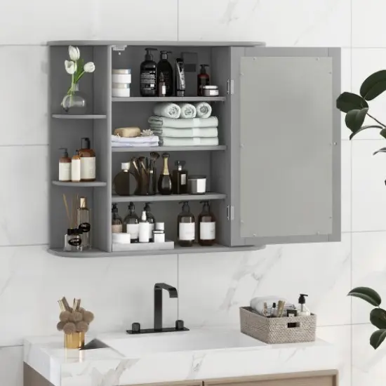 Wall Mounted Mirror Bathroom Storage Cabinet with 3 Adjustable Shelves and 6 Open Side Racks Gray {5}