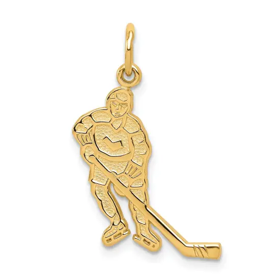 10K Yellow Gold Hockey Player Charm Sports Pendant Jewerly 25mm x 13mm {1}