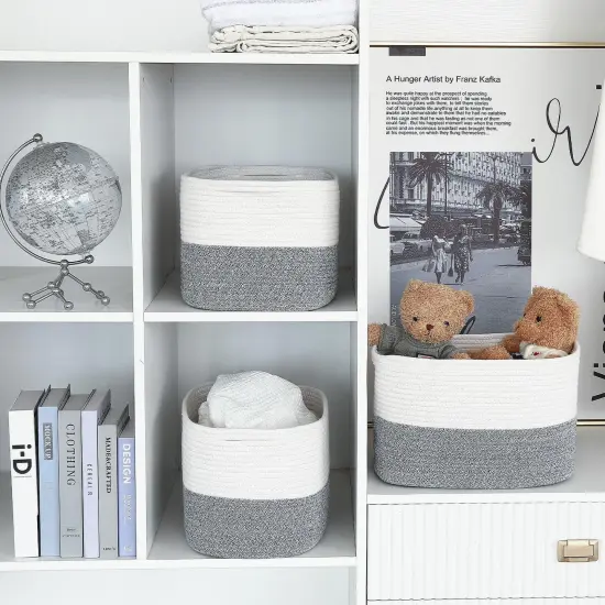 Storage Basket, Cotton Rope Woven Basket with Handles. Blanket Basket for Storing Clothes, Toys, Books, Shelves etc, 15''L x 10''W x 9.5''H, Gray/Off White {3}