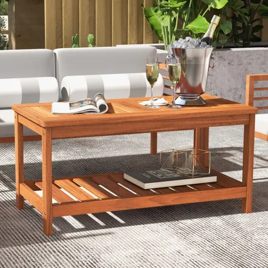 Costway Patio Coffee Table 2-Tier Outdoor Side Rectangle Side Table Solid Wood Porch {3}