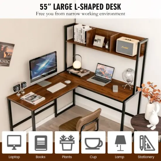 Reversible L-Shaped Corner Desk with Storage Bookshelf and Open Storage Hutch Walnut {3}