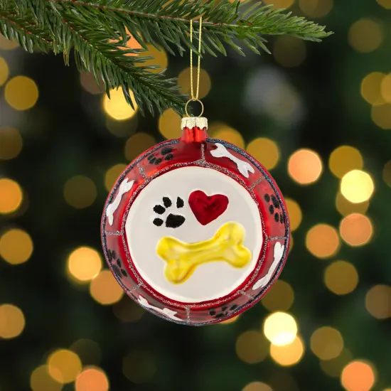 Northlight 3.75" Bones and Heart Dog Food Bowl Glass Christmas Ornament Red {3}