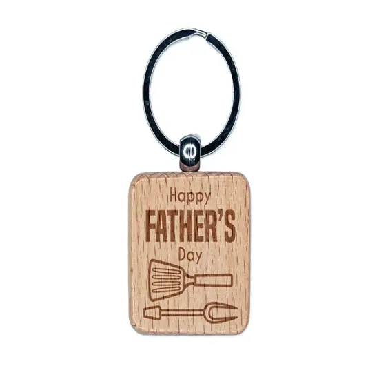 Happy Father's Day Grill BBQ Engraved Wood Square Keychain Tag Charm {1}