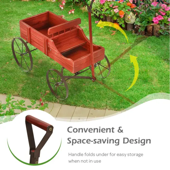 Costway Garden Plant Planter Wooden Wagon Planter W/ Wheel Garden Yard {6}