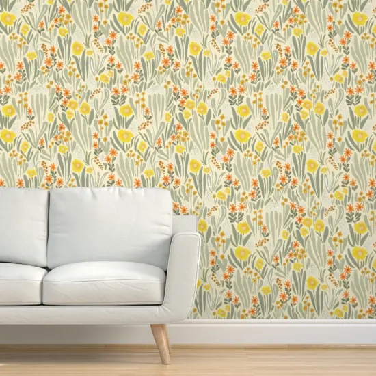 Pre-Pasted Wallpaper 2FT Wide Art Nouveau Garden Sage Green Yellow Abstract Flowers Large Scale Botanical Garden Custom Pre-pasted Wallpaper by Spoonflower {5}
