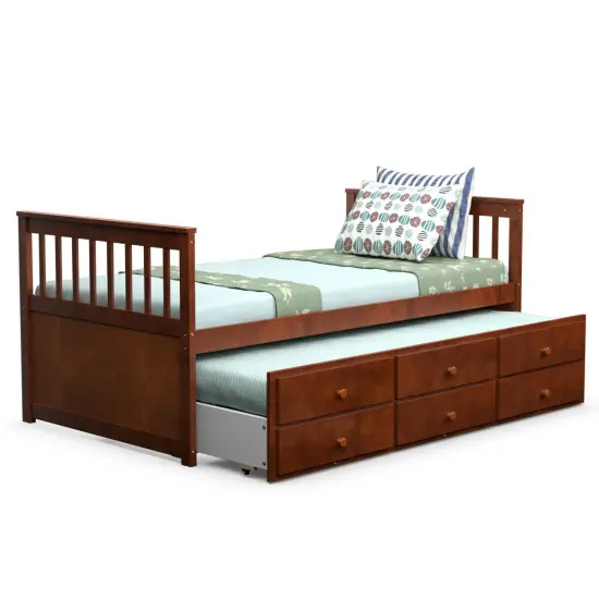 Pine Wood Twin Captain&rsquo;s Bed with Trundle and 3 Storage Drawers Walnut {4}