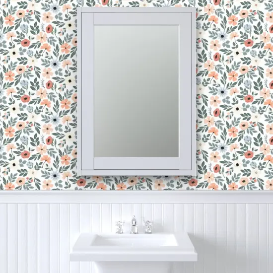 Peel & Stick Wallpaper 2FT Wide Coral Floral Sage Green Leaf Pretty Flowers Delicate Garden Custom Removable Wallpaper by Spoonflower {6}