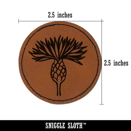 Cornflower Bachelor's Button Bloom Round Iron-On Engraved Faux Leather Patch Applique - 2.5" Brown {2}