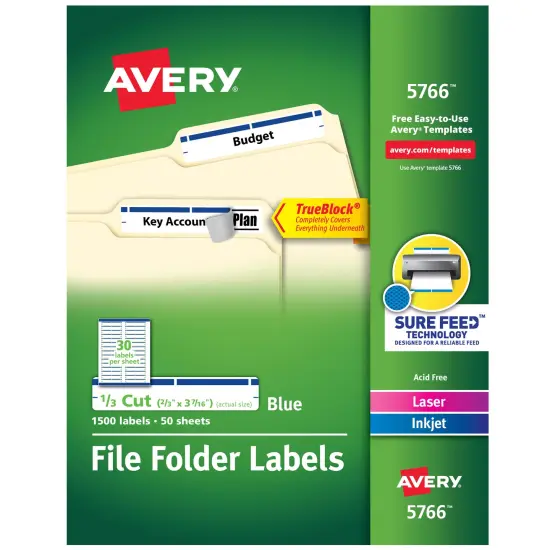 Avery TrueBlock File Folder Labels, 2/3" x 3-7/16", 1,500 Printable Labels, White/Blue (5766) {1}