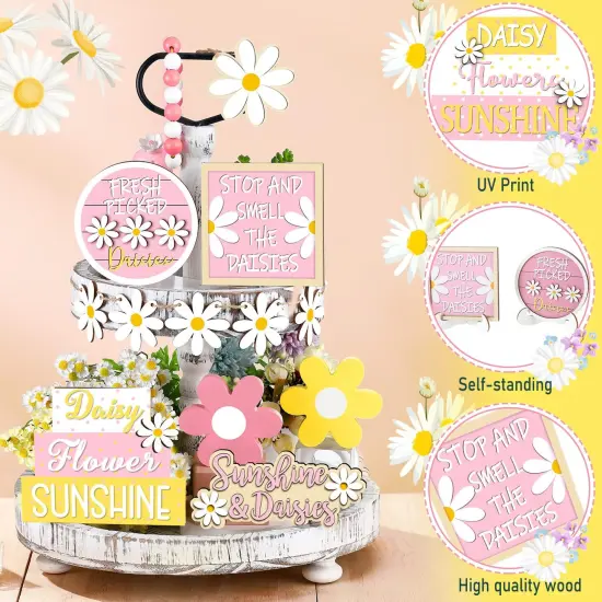 12 Pieces Valentine's Day Tiered Tray Decor Set Valentines Heart Wood Sign Gnome Truck Rustic Farmhouse Tray Signs Table Decor for Romantic Valentine's Day Home Kitchen(Daisy, 12 Pcs) {1}