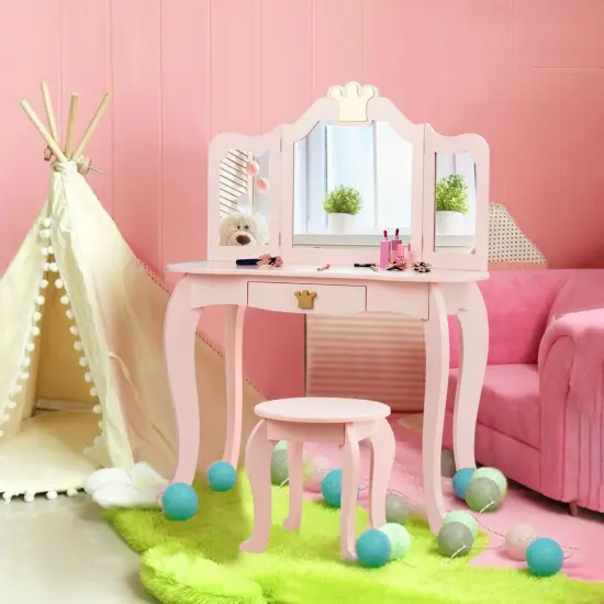 Kids Makeup Dressing Table with Tri-folding Mirror and Stool Pink {3}