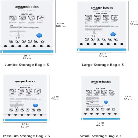 Vacuum Compression Storage Bags with Hand Pump, Multiple Pack of 12 (3 Jumbo, 3 Large, 3 Medium, 3 Small) {3}