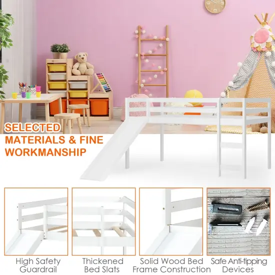 Twin Size Low Sturdy Loft Bed with Slide Wood White {5}