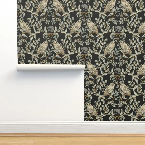Peel & Stick Wallpaper 2FT Wide Little Owl Damask William Morris Farmhouse Arts And Crafts Birds Of Prey Soft Green Transitional Climbing Vines Custom Removable Wallpaper by Spoonflower {2}