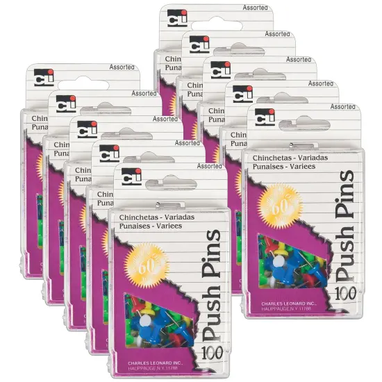 Push Pins, Assorted Colors, 100 Per Box, 10 Boxes {1}