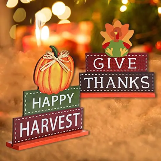 4 Pack Thanksgiving Themed Table Centerpiece Signs, Wood Pumpkin Table Decor Harvest Autumn Glittery Pumpkins Table Topper for Home Office Thanksgiving Decorations {4}
