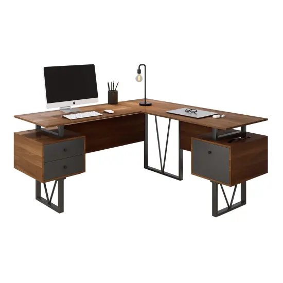 Techni Office Solutions 59" Decorative Reversible L-Shaped Computer Desk with Drawers and File Cabinet Brown {4}