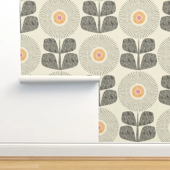 Pre-Pasted Wallpaper 2FT Wide Mid Century Modern Retro Floral Large Scale Neutral Cream Custom Pre-pasted Wallpaper by Spoonflower {2}
